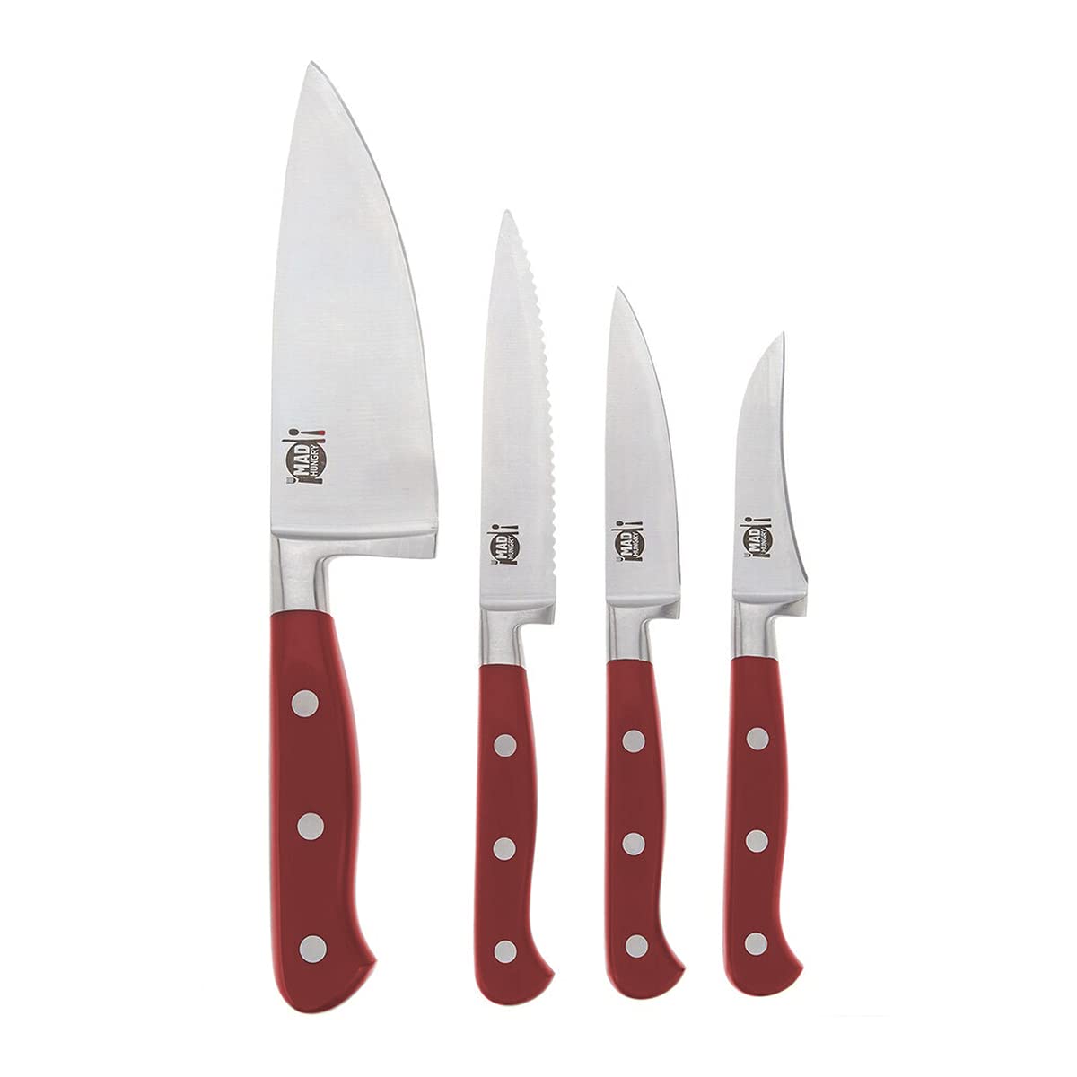 Mad Hungry4-Piece Forged Specialty Knife Set - 6" Chef, 4.5" Serrated Utility, 3.5" Paring, & 3" Birds Beak Knives Kitchen (Red)