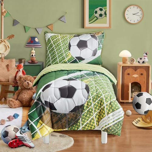 4 Pieces Soccer Toddler Bedding Set for Boys Girls Yellow Green Soccer Field Toddler Bed Set with Goal Cute Toddler Bed in a Bag with Sheet Set and Pillow Shams