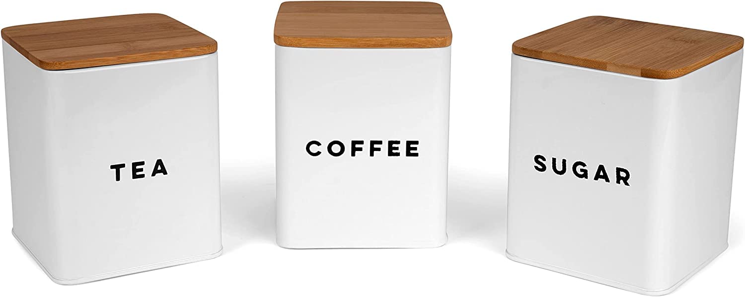 Set of 3 | White | Airtight Tea Coffee Sugar Storage Canister Jars with Bamboo Lid