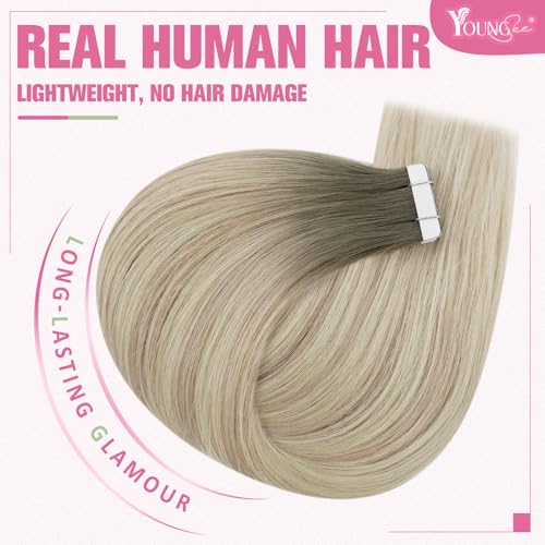 YoungSee Balayage Tape Hair Extensions Real Human Hair Ombre Ash Blonde to Platinum Blonde Tape in Hair Extensions Natural Looking 14 Inch 20pcs 50g - Image 2