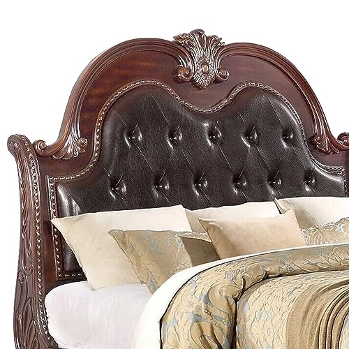 Benjara-Mano-Queen-Bed-Faux-Leather-Upholstery-Classic-Floral-Carved-Wood-Brown-Gray Benjara Mano Queen Bed Faux Leather Upholstery Classic Floral Carved Wood Brown Gray