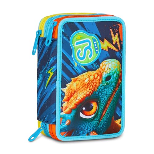 SJ GANG STYLE JAM GANG Astuccio Scuola 3 Zip Dragon Glide, Blu, Portapenne Triplo Scomparto Completo Di Penne, Matite, Colori, Accessori Zaino, Scuola Elementare, Bambino