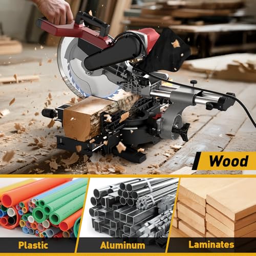 Image of 12-Inch Dual-Bevel Sliding Compound Miter Saw, 3800RPM, 15 Amp, Dual Bevel 0-45 with Extension Table, 36T Blade, Power Saw for Metal, Plastic, Wood, Laminates
