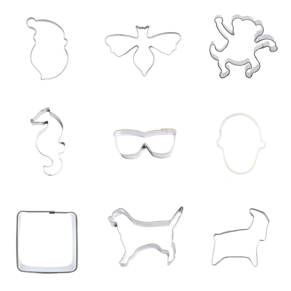 9 Pieces Cookie Cutter Biscuit Goat Dog Puppy Rectangle Square Slipper Flip Flop Glasses Spectacles Seahorse Monkey Bee Apis Santa Claus Hat