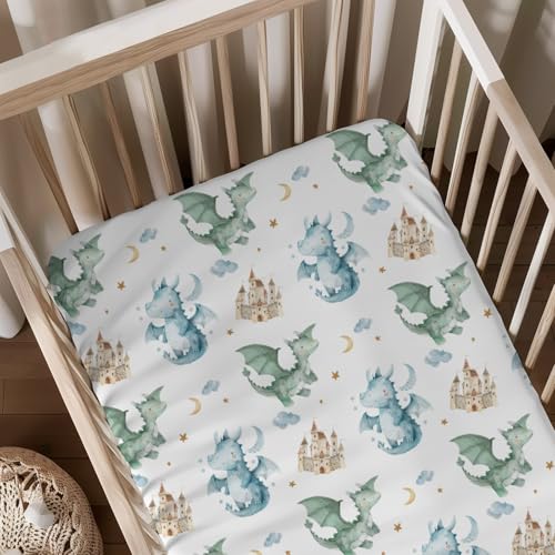 Image of Watercolor Dragon Castle Pattern Baby Sheets for Crib, Unisex Dragon Moon Cloud Star Nursery Fitted Bed Sheet for Boys Girls Standard Crib and Toddler Mattress-28x52