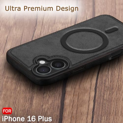 Image of TheGiftKart Genuine Leather Finish Back Cover Case for iPhone 16 Plus | Shockproof Design | Raised Edges for Camera & Screen Protection | Stunning Minimalist Design Case (MagSafe Compatible, Black)