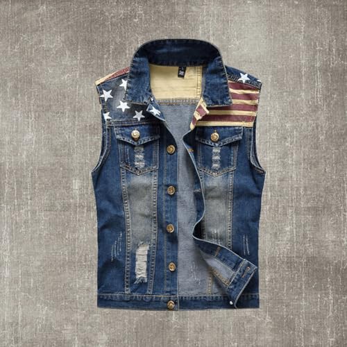Mens Denim Vests Sleeveless USA Stars Stripes Patriotic Button Down Jean Vest Jackets2