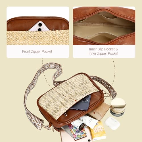 Herald Straw & Vegan Leather Crossbody Bags for Women, Summer Small Camera Shoulder Purse Handbags with Wide Strap4