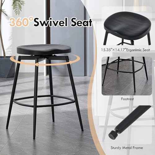 Image of 25'' Solid Wood Saddle Stools Set of 2, Swivel Counter Height Bar Stools Backless, Wooden Bar Stools with Metal Legs and Ergonomics Seat for Kitchen Island, Black