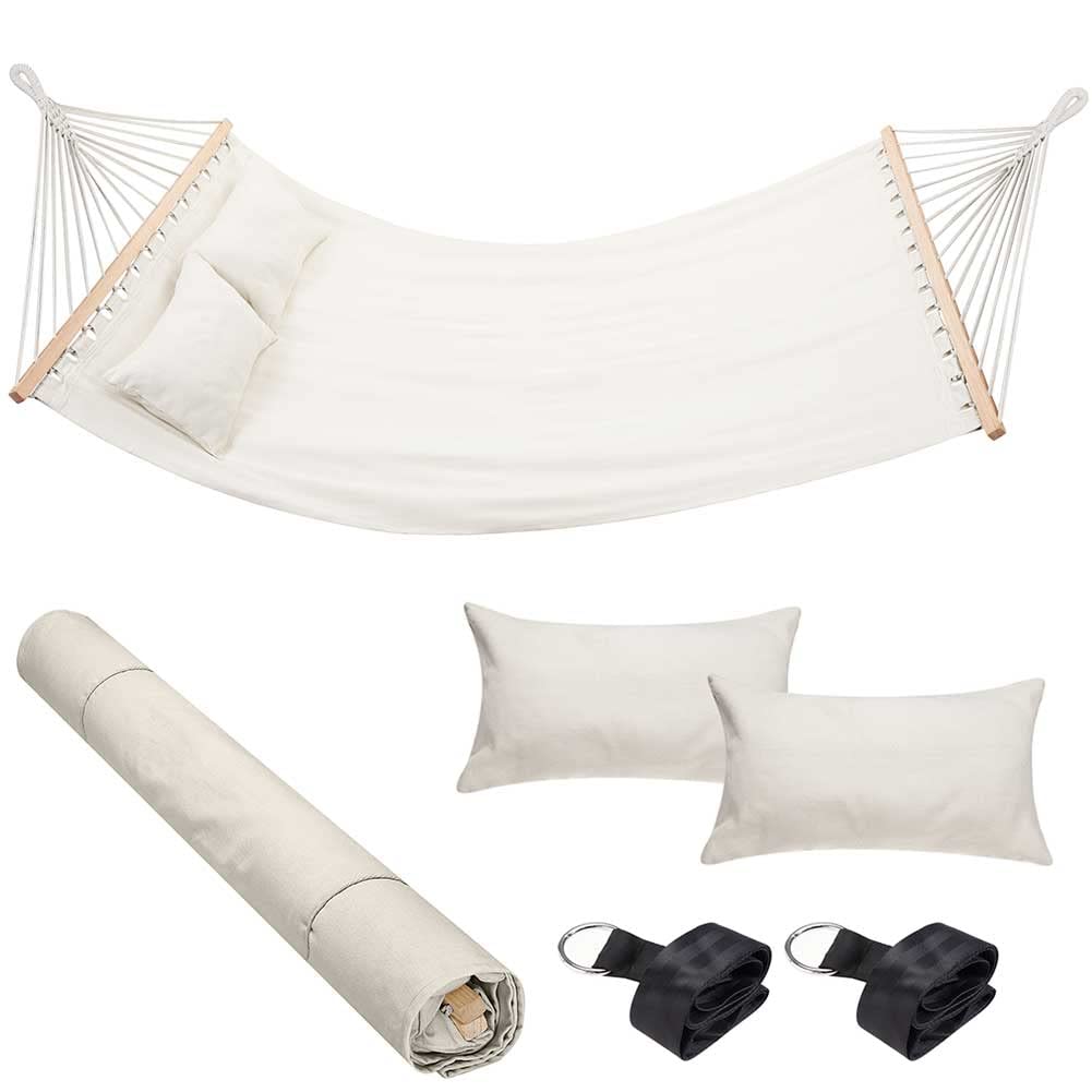 Bakaji Hamaca de jardín Doble de 2 plazas, 232 x 148 cm, Barras transversales de Madera, Revestimiento de polialgodón con 2 Cojines y Correas de diseño Moderno para jardín, terraza, Camping (Beige)