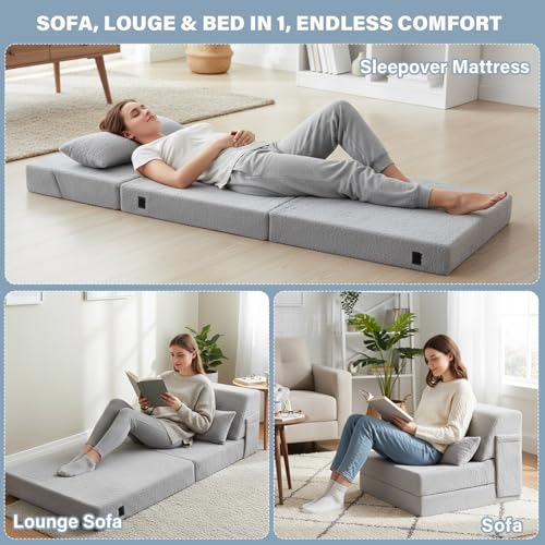 Image of Tiita Convertible Folding Sofa Bed Single Size for Adults with Pillow, Plush Fabric Floor Mattress Couch Bed, Washable Cover & Side Pocket, Guest Room, Dorm, Apartment, Living Room, White Gray