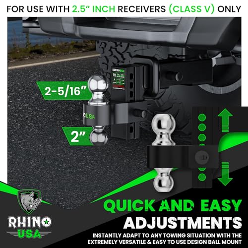 Image of Rhino USA Adjustable Trailer Hitch (2-Inch Receiver) - Heavy Duty Aluminum Tow Hitches with 8-Inch Drop /Rise for Truck (12,500 LBS GTW) - Weatherproof Double Anti-Theft Locking Hitch Pins (Black)