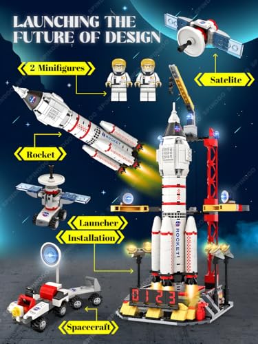 Image of 564 PCS Space Rocket Launch Control Center Building Kit with Mars Rover, Satellite & Astronaut - STEM Educational Construction Toy for Kids Ages 6-12 | Rocket Ship Building Block