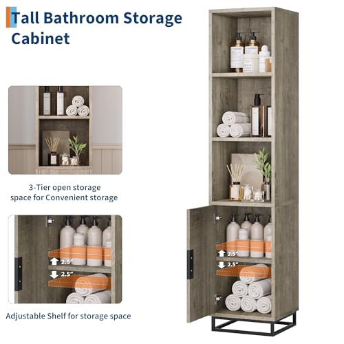 GarveeHome Tall Bathroom Cabinet, 70" Narrow Storage Cabinet with Door and Adjustable Shelf, Open Storage Freestanding for Laundry Room, Kitchen, Living Room, Small Space, Grey