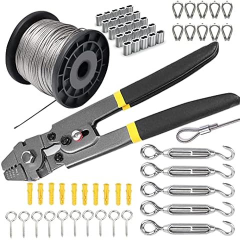 Stainless Steel Wire Rope Kit, with Crimping Tool, 100ft Vinyl Coated Aircraft Cable (1/16 Inch Overmolded to 5/64 Inch), 55Pcs Turnbuckle, Loops, Ferrule and Hooks (Gray) Cover