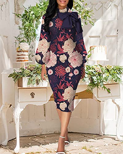 Image of Sexy Long Sleeve Dress for Women Solid Color Bow Knot Turtleneck Formal Gown Midi Casual Church Dresses