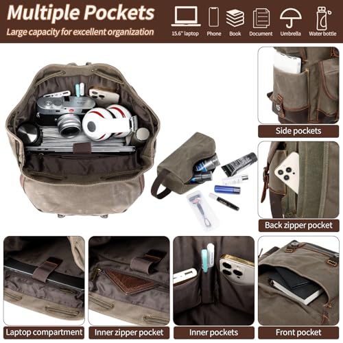 Vintage Leather Canvas Backpack, Waxed Canvas Shoulder Rucksack for Travel Laptop Bag for Business Travel Backpack With Toiletry Bag(Army Green)2