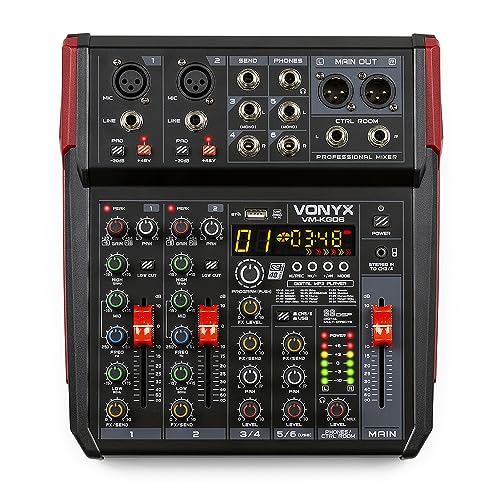 Vonyx VM-KG06 analoger Audio Mixer für Bands, Mischpult DJ Mixer, 6 Kanal DJ Mischer mit Bluetooth, MIC, XLR, 6,3mm Jack, DSP Soundeffekt, USB, MP3, Record - Schwarz