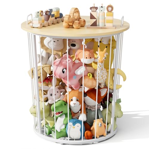 BBLIKE Large Stuffed Animal Storage End Table - Sturdy Metal Kids Toy Storage Bin, Stuffed Zoo Animal Holder for Bedroom, Living Room, Nursery, Perfect for Plush Toy Organizer, Wood