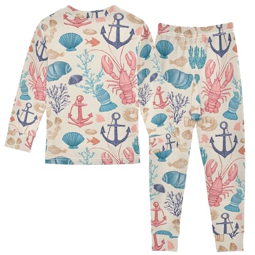 ALAZA Cartoon Lobster Coral Boat Anchor Seashell Pajamas Long Sleeve Sleepwear 2-Piece Pajama Set2