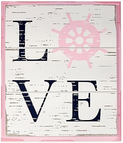 Mix & Match "Love" Wall Décor Featuring a Ship's Wheel and Block Letters on a Distressed Background with Pink Border