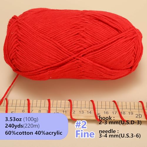 Image of LUCKY BALL Milk Cotton Yarn, 100g / 240 yd 60% Cotton 40% Acrylic #2 Fine Sport Yarn, Soft Crochet & Knitting Yarn for Amigurumi Dolls, Baby Items, Flowers, Hats, Sweaters, Blankets(Red)