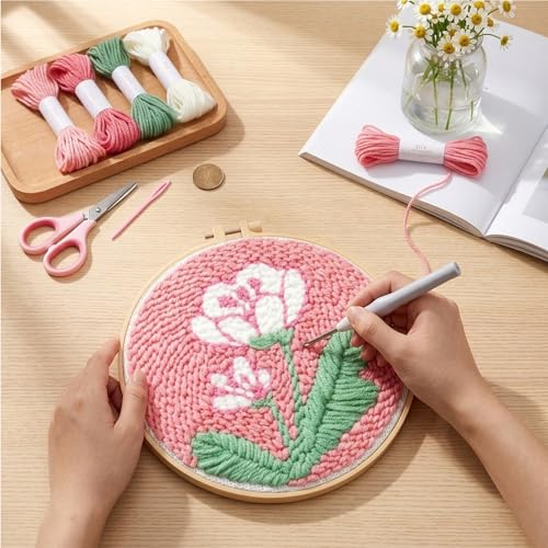 Image of PATPAT DIY Punch Needle Embroidery Kit, 8 Inch Floral Punch Needle Craft Set with Pre-Printed Fabric, Embroidery Hoop, Yarn & Punch Needle Tool, DIY Flower Tufting Starter Kit for Adults & Teens.