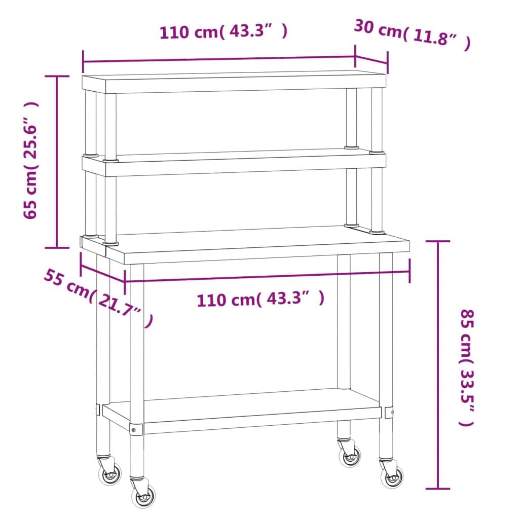 Tavolo da lavoro da cucina in acciaio inox, 110 x 55 x 150 cm, 4 ruote, 2 con freni, per gastronomia, cucina, catering, snack, hotel, bar, bistrot, piano di lavoro igienico in acciaio inox