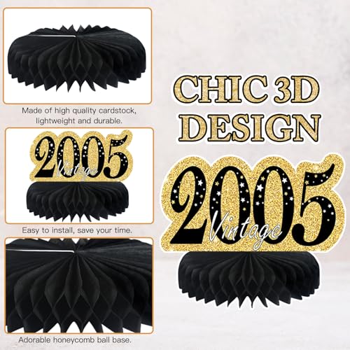Image of 9Pcs Black Gold 21st Birthday Decorations Honeycomb Centerpieces for Girls,Happy 21st Birthday Centerpieces Tables Toppers Party Decorations Supplies,Vintage 2005 Aged Table Sign Decor