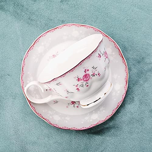fanquare 21 Pieces Pink Rose Porcelain Tea Set with Spoons, Cute Tea Party Set for 6, Afternoon Tea Service for Adults