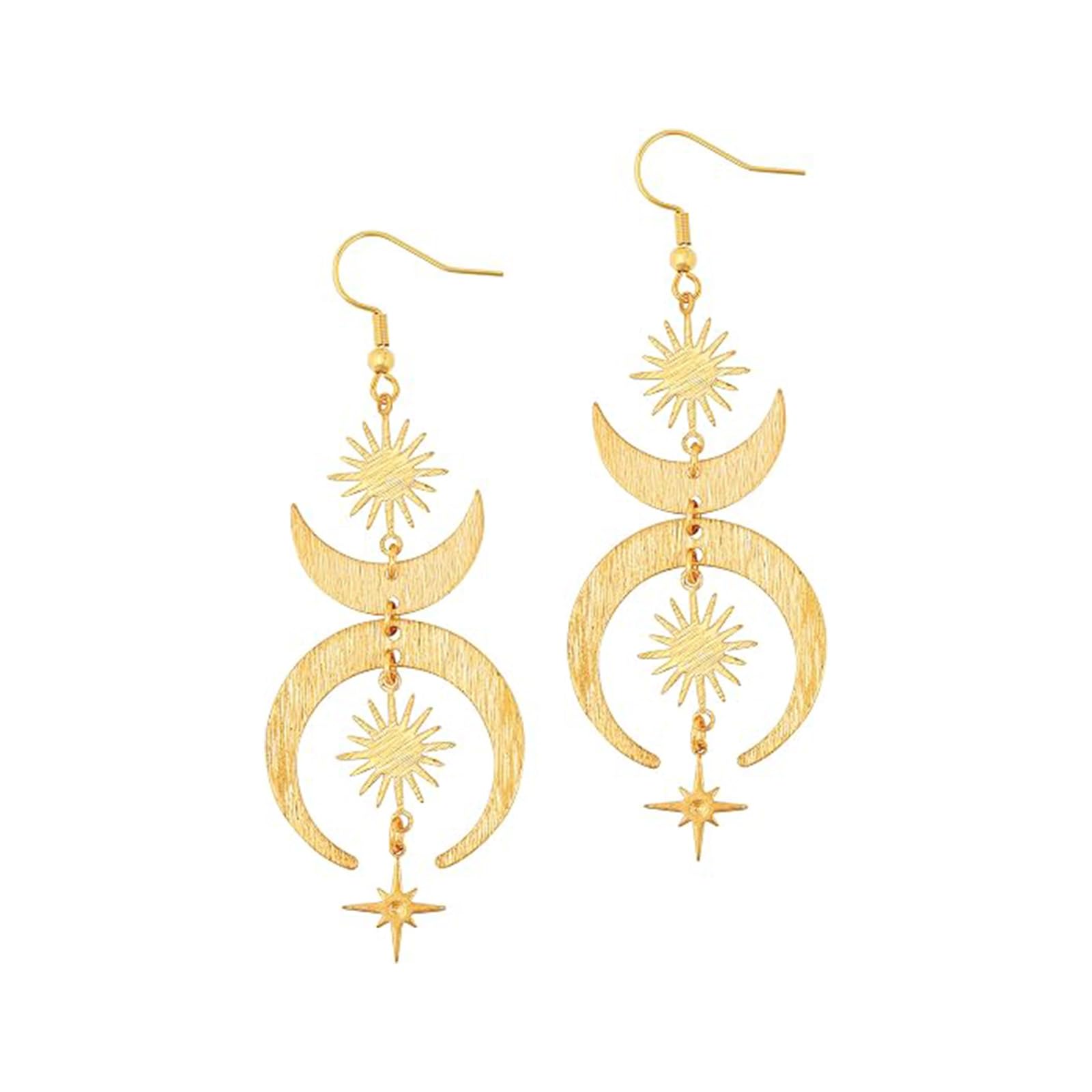1 Pair Boho Earrings for Women, Bohemian Celestial Sun Moon Star Design, Long Fringe Drop Dangle Style for Daily Fashion and Festive Occasions, Gold Finish Ear Jewelry-image-25
