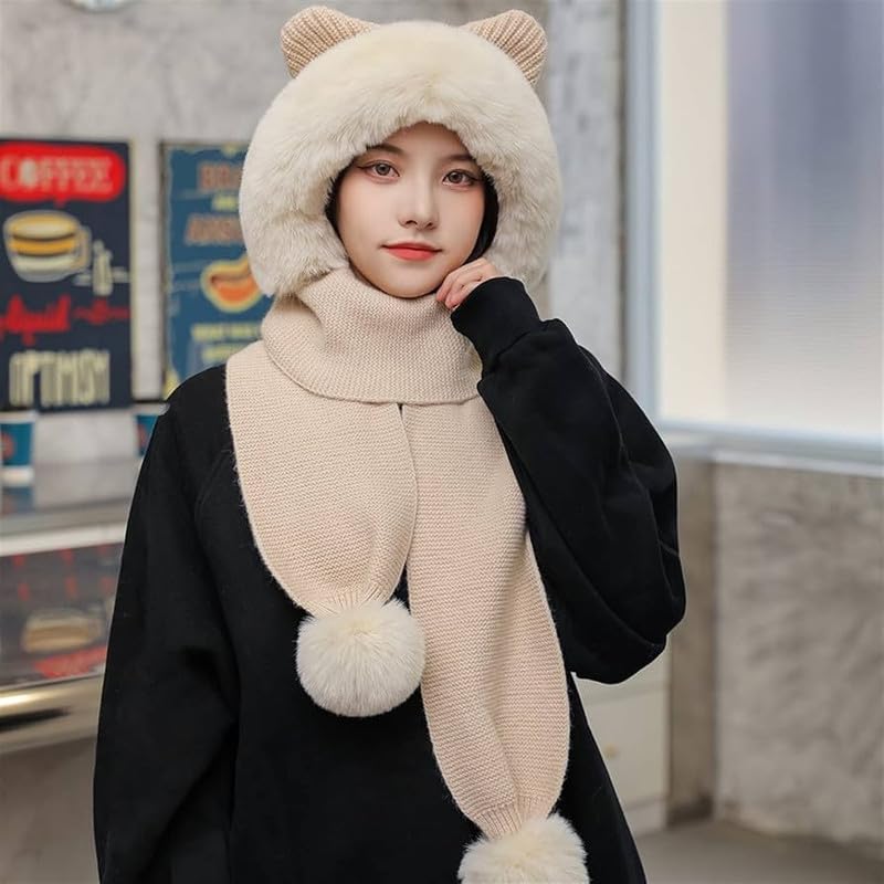 Women Winter Hat with Muffler for Girls Neck Warmer Face Mask Fleece Face Care Fleece Lined Cold Weather Hat with Earflaps (Beige) 2