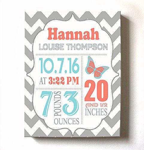 Personalized Stretched Canvas Birth Announcement Gift, Custom Baby Name, Date, Weight Stats, Newborn Butterfly Nursery Wall Art Decor, Wooden Frame Construction, Ready to Hang 20X24