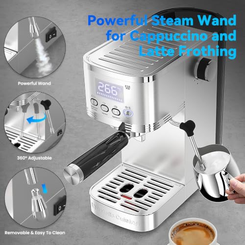 Image of Espresso Machine 20 Bar Temperature and Timer LED Display Espresso Maker with Adjustable Extraction Temperature Stainless Steel Coffee Machine with Steam Milk Frother for Cappuccino Latte Americano