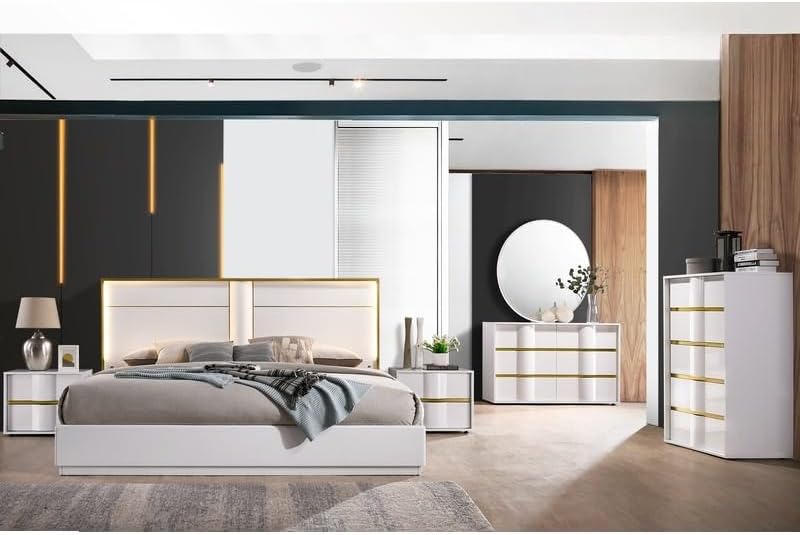 Modern Glam White Lacquer Wood 6-Piece Eastern King Bedroom Furniture Set with Gold Trim, LED Lightings Bed Set
