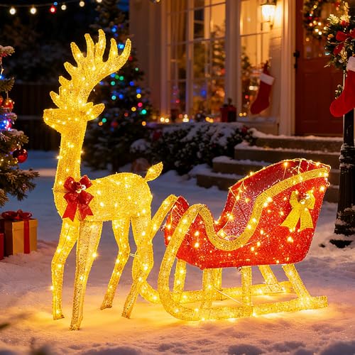 OLIXIS 4 FT Pre-Lit Christmas Reindeer & Santa Sleigh Set