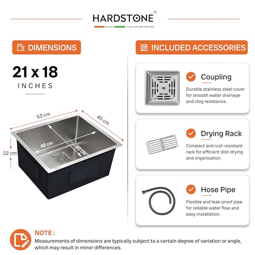 Image of HARDSTONE Premium Stainless Steel Single Bowl Kitchen Sink | Handmade Grade Matt Finish | Heavy Duty 1mm Thickness with Drainer Kit & Vegetable Basket | 21x18x9 Inch Silver Sink for Modern Homes