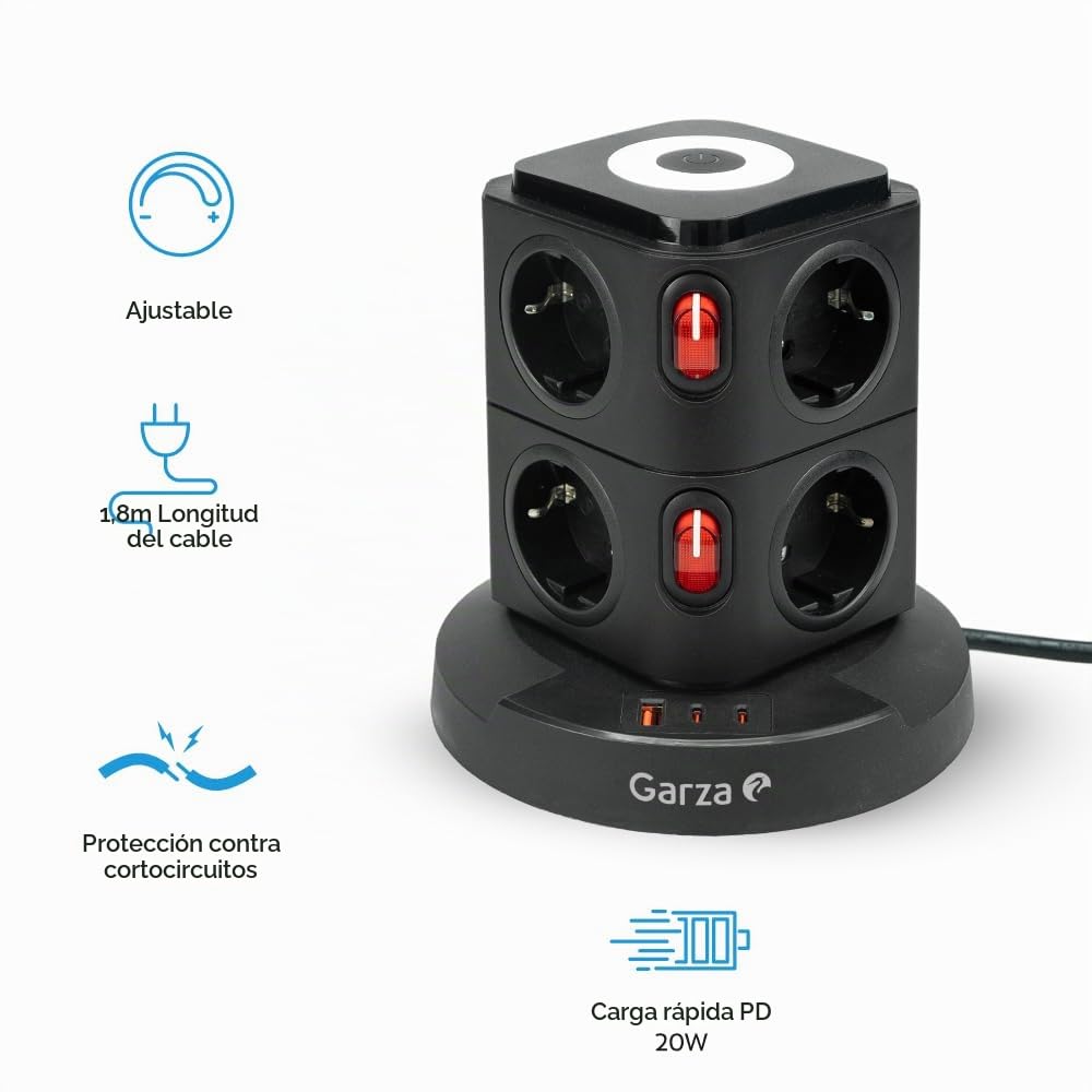 Garza - Regleta Torre 11 en 1 con 8 Enchufes Schuko, 2 USB-C PD20W y 1 USB-A, Carga Rápida, Luz Nocturna Regulable, Interruptores Individuales y Protección contra Sobrecargas y Cortocircuitos, Negro