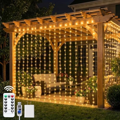 Brightown 300 LED Curtain Lights, 9.8 FT Plug in Fairy Lights for Bedroom, 8 Lighting Modes, Christmas String Lights for Window Wall Wedding Party Birthday Christmas Decorations, Warm White