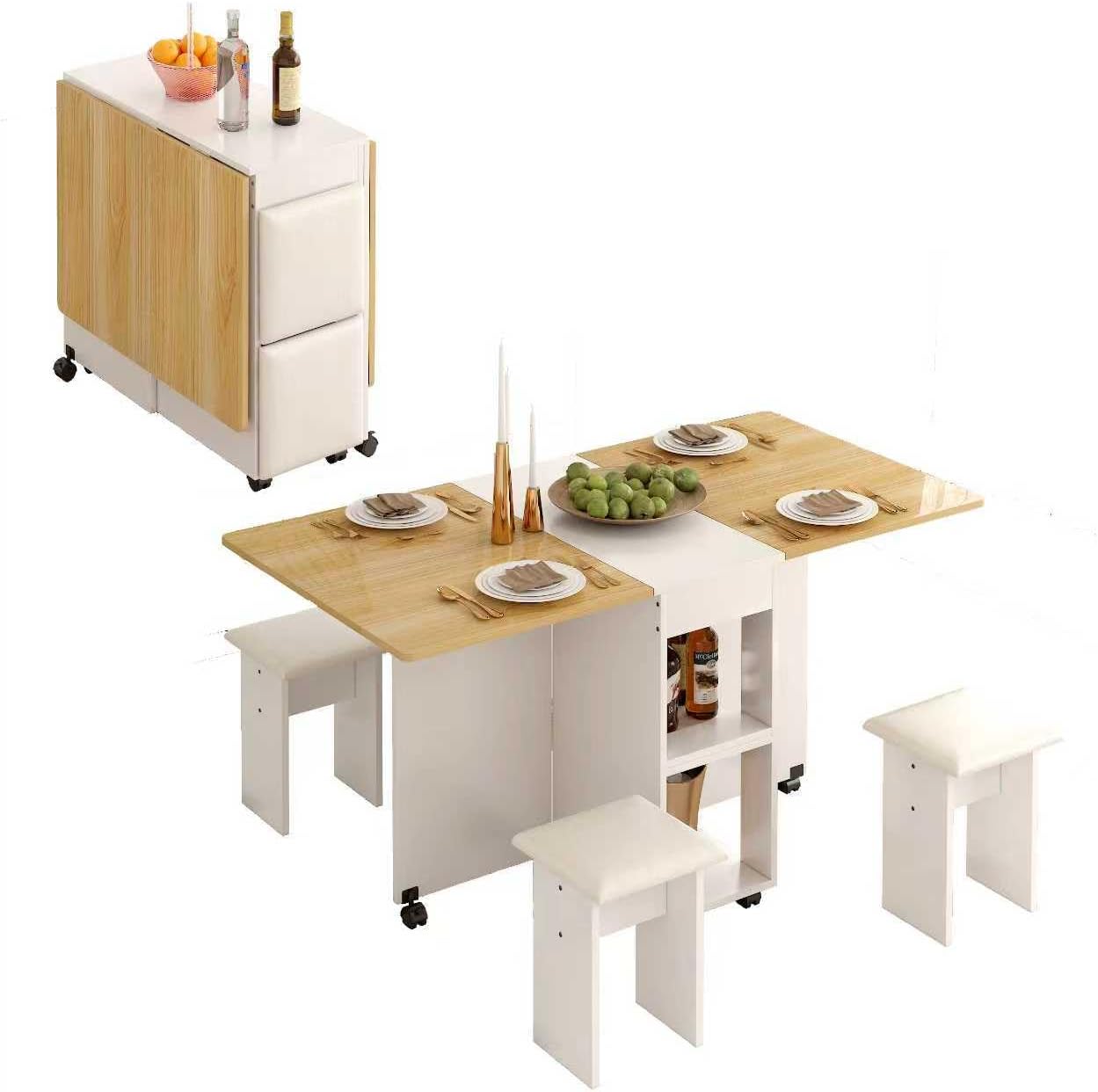 Foldable Dining Table with 4 Padded Chairs,Rolling Dining Table and Chair Set for 4 Seaters,Kitchen Room Desk with Storage Shelves, Expandable Table with Upholsered Stools for Home Small Space (Wood)