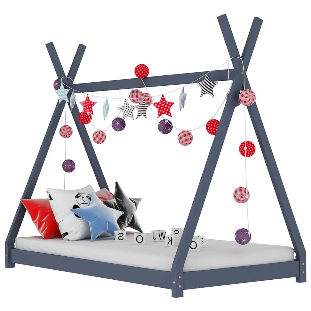 vidaXL Kiefernholz Massiv Kinderbett Hausbett Bettenhaus Spielbett Tipi Indianer Bett Kinderhaus Holzbett Bettgestell Lattenrost Grau 70x140cm