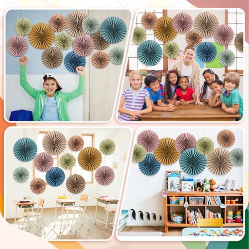 Image of 9 Pack Boho Paper Fan Decorations, Neutral Hanging Fans for Classroom Decor, Bulletin Board Party Backdrop, 8 /12 /16 Inch Foldable Round Ceiling Decor for Classroom Birthday Wedding Office
