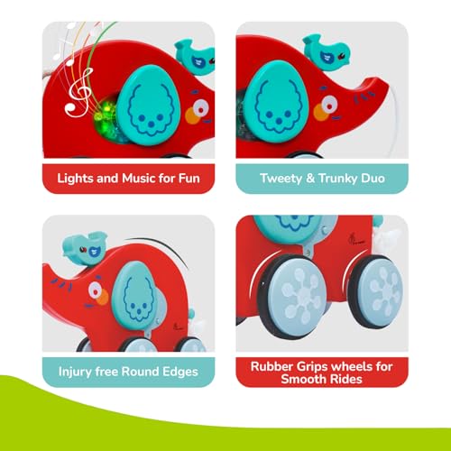 Image of R for Rabbit Orapple Trunky Musical Pull-Along Toy for Baby with Lights & Smooth Wheels |Encourages Walking, Balance & Coordination | Motor Skill Development 12+ Months Kids (Red Blue)
