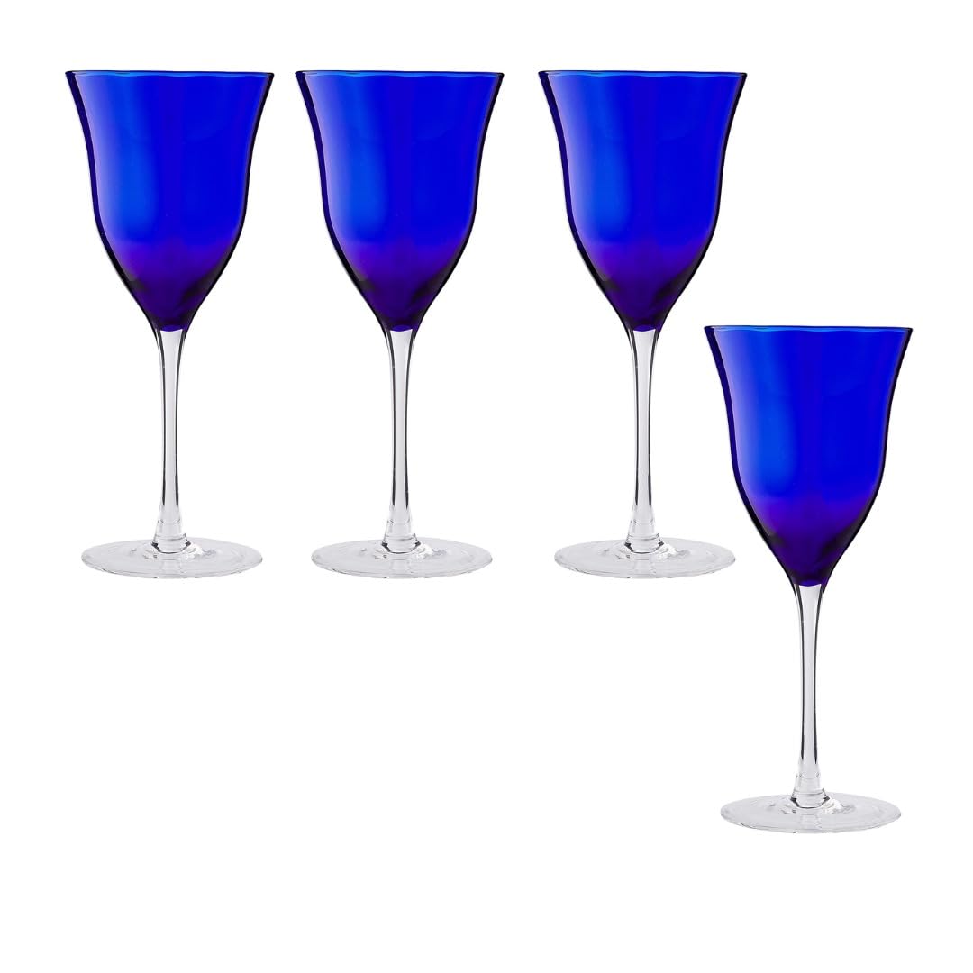 qualia meridian blue wine glasses set of 4, cobalt blue glassware, 8oz colored wine glasses with optic effect, lead-free crystal glass, colored glassware, birthday gifts for women,