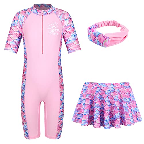 Image of TFJH E 3 in 1 Sets Girls Swimsuits Short Sleeve Rashguard Suit UV 50+ Princess Swimwear Dress Skirt Zip 3-12Y