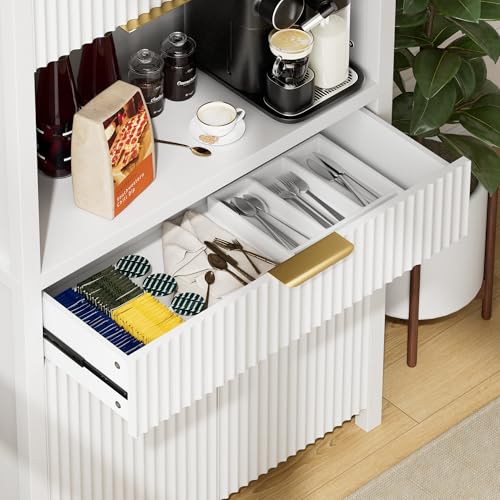 Image of Lulive White Fluted Pantry Cabinet with Charging Station, Adjustable Shelves, Spacious Kitchen Storage Organizer with Open Countertop, Kitchen Hutch with Storage Drawers for Dining & Living Room | Adjustable Shelves, Open Countertop, Drawer, Spacious Kitchen Storage