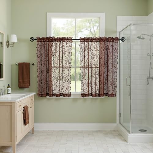FINECITY Chestnut Brown Sheer Curtains Leaf Floral W42 x L36 Inch, 2 Panels by FINECITY - Used condition - Image 5