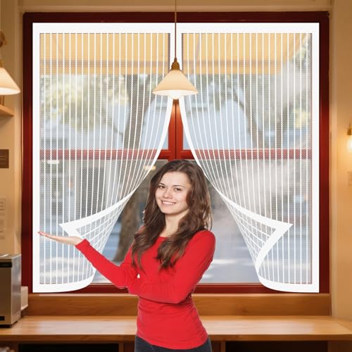 Mosquitera Ventana Magnetica 128 x 149 cm Junta Magnética de Arriba a Abajo, sin Taladrar, Transpirables Cortinas Antimoscas Puerta Exterior para Dormitorio Sala de Puerta, Blanco