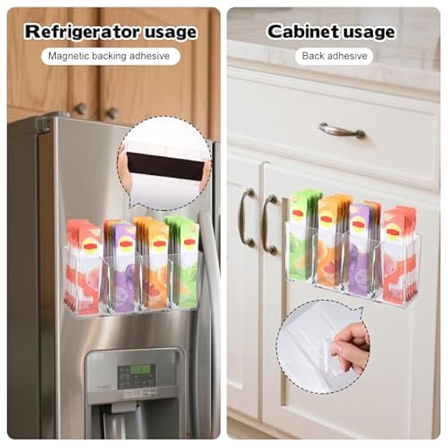 Rainmae Drink Packet Organizer, Clear Acrylic Water Drink Packet Holder Magnetic Tea Bag Organizer Water Flavor Storage Container with Magnet Adhesive Tape for Kitchen Cabinet Pantry Organization