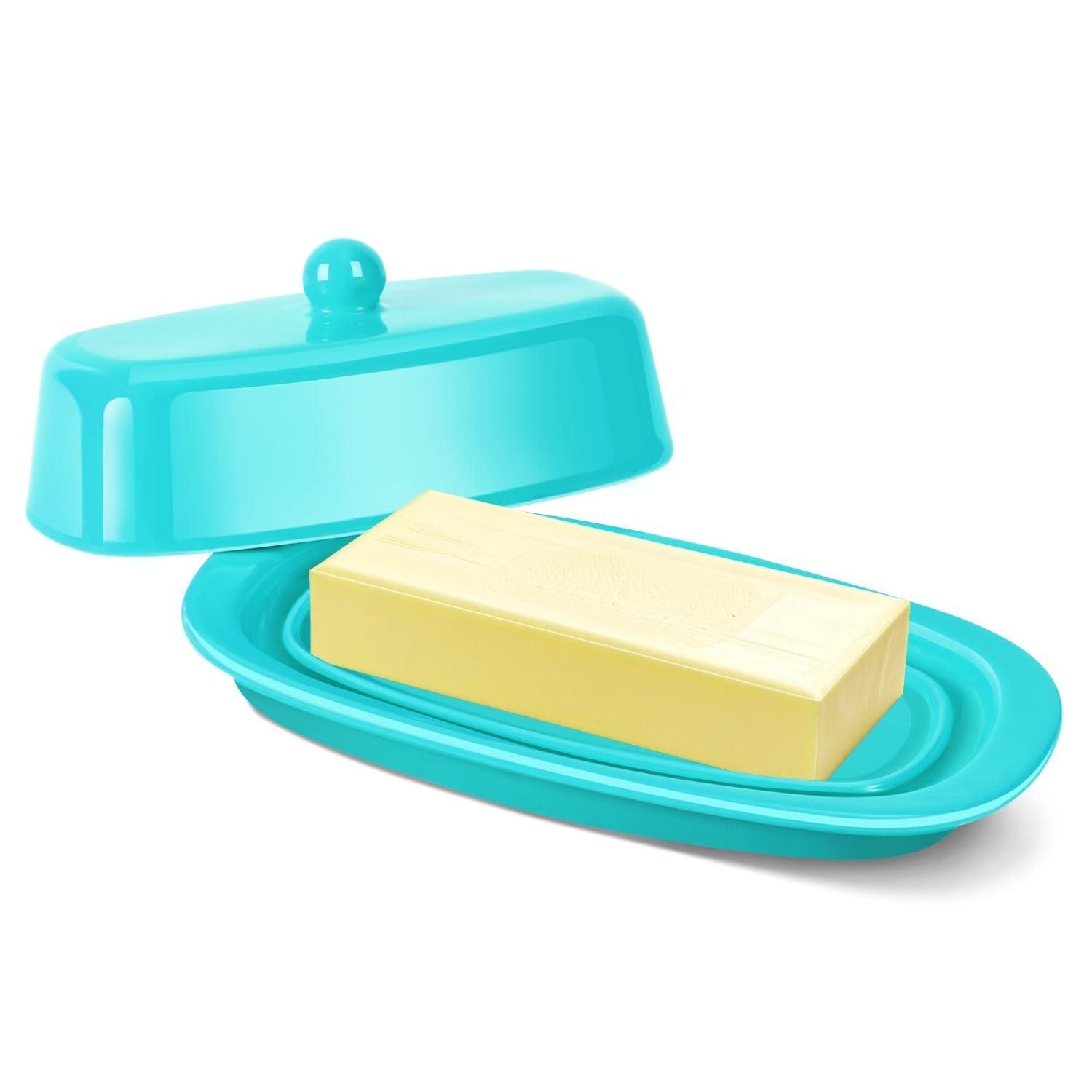 Flexzion Ceramic Blue European Butter Dish with Lid for Countertop (7 Inch) - 1 Stick Butter Holder for Counter, Cream Cheese Container Storage Keeper